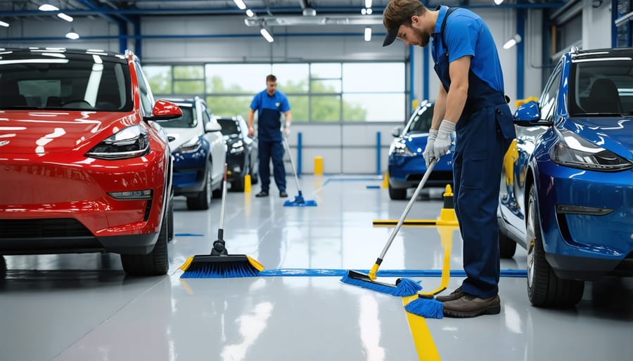 Maintenance team learning about sustainable cleaning practices in EV workshop