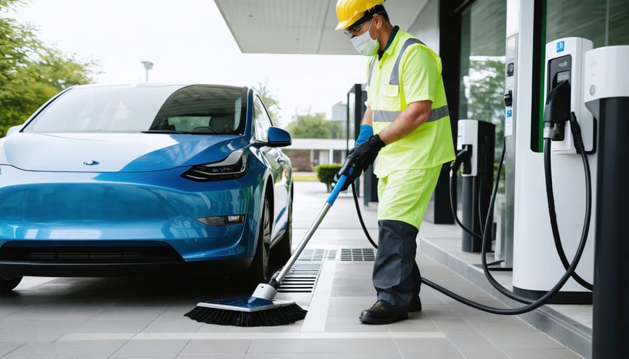 Professional cleaning an electric vehicle charging station with green cleaning products