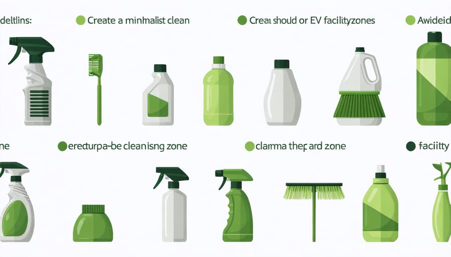 Collection of green cleaning supplies organized by facility area usage