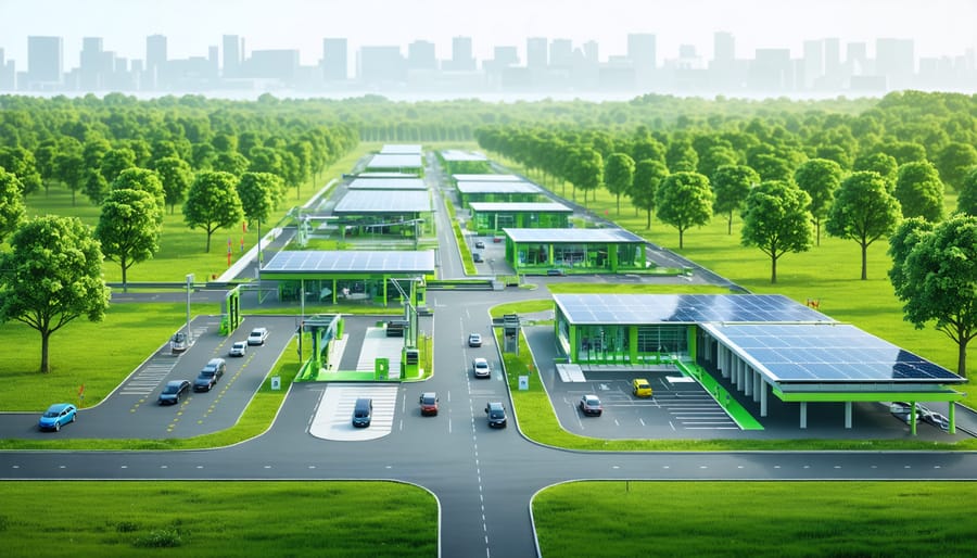 A conceptual illustration showing eco-friendly cleaning practices in an electric vehicle facility, highlighting the integration of nature with modern technology through green cleaning products and solar-powered infrastructure.