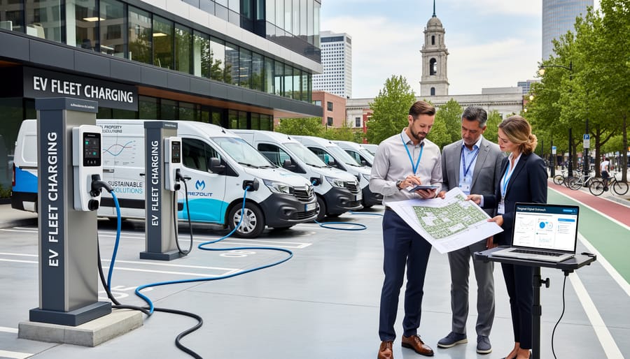 Row of DC fast charging stations at commercial electric vehicle charging facility