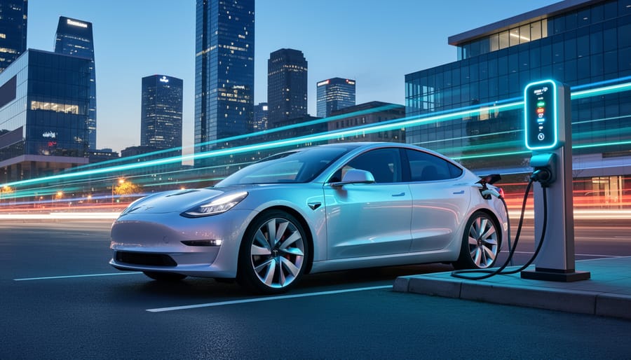 Electric vehicle connected to a fast-charging station at dusk, with a city skyline and long-exposure light trails in the background suggesting a connected network