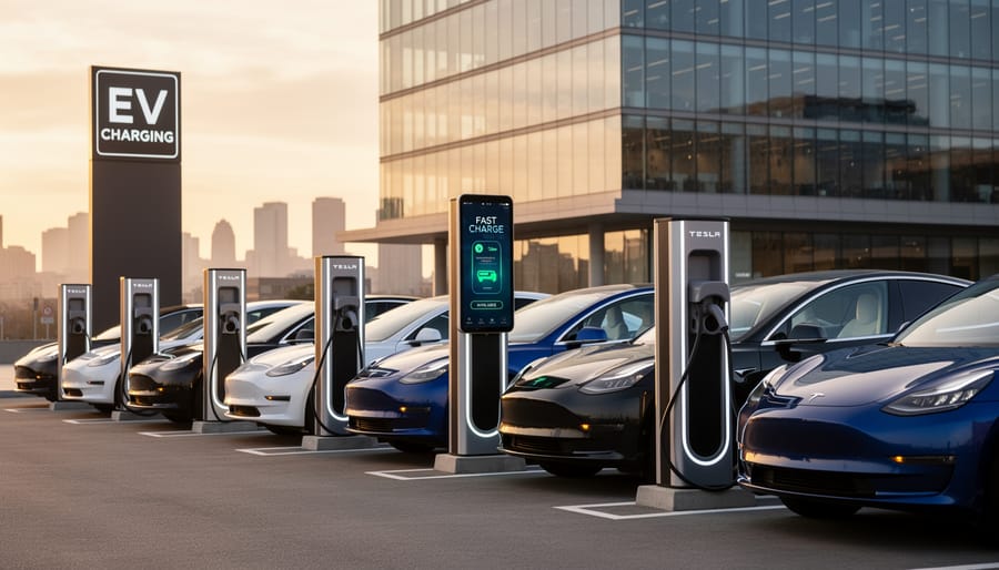 Contemporary electric vehicle charging station in commercial setting with modern design