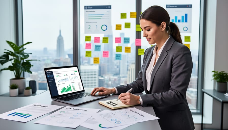 Business professionals collaborating on digital marketing strategy in modern office setting