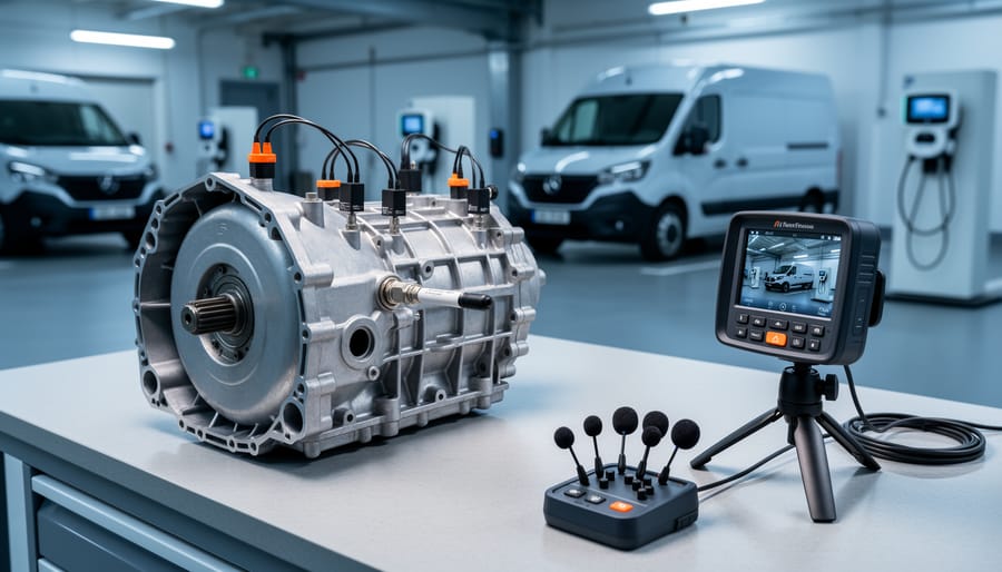 Close-up of an EV gearbox on a workbench with accelerometers and an oil probe attached, while a thermal camera and small microphone array target the housing; blurred EV vans and charging stations in the workshop background under cool studio lighting.