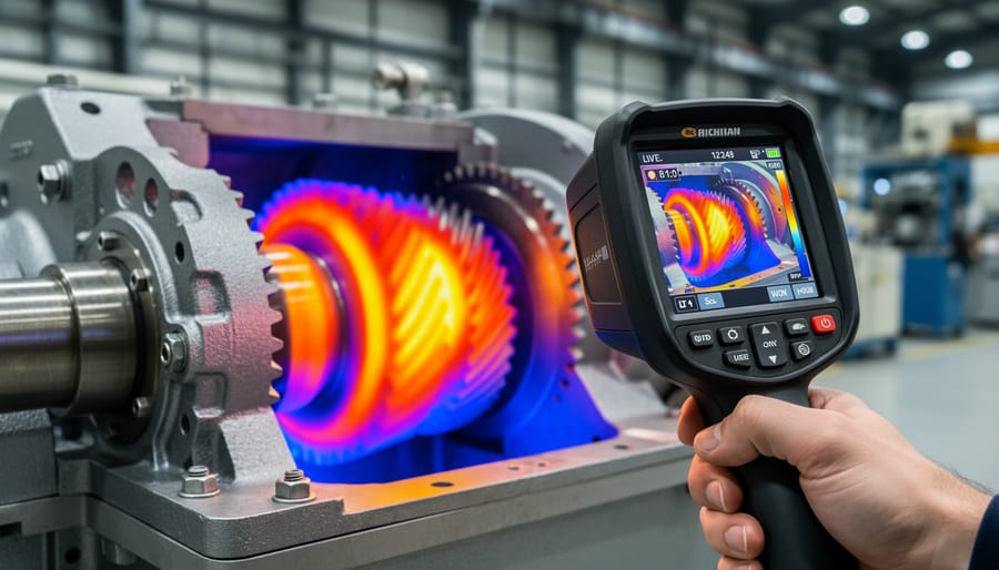 Technician using thermal imaging camera for EV gearbox diagnostic assessment