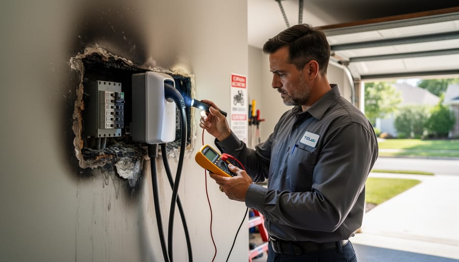 Certified electrician inspecting electrical panel and EV charging equipment with testing tools