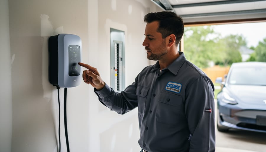 Electrician inspecting a wall-mounted Level 2 EV charger in a residential garage, with patched drywall, an electrical panel, and a parked electric car softly blurred in the background.