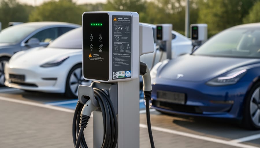 Close-up of residential EV charging unit mounted on wall showing safety features