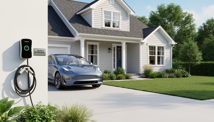Renovated suburban home with visible EV charging station in garage