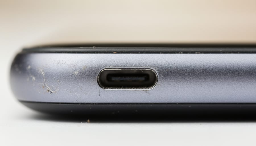 Close-up of a glossy electric vehicle charging port area showing subtle scuff marks and paint wear around the opening.