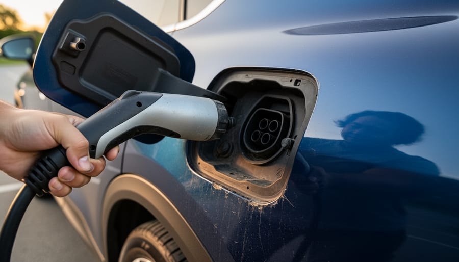 Electric vehicle parked next to a charging station with the charging cable connected in a driveway at dusk.