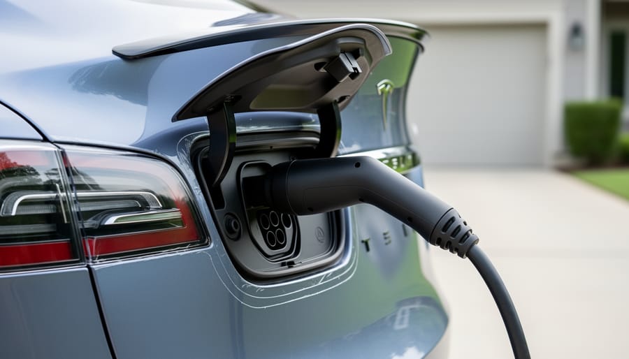 Close-up of a Tesla charging port on the rear quarter panel with a clear protective PPF film around the port area and a charging cable connector nearby.